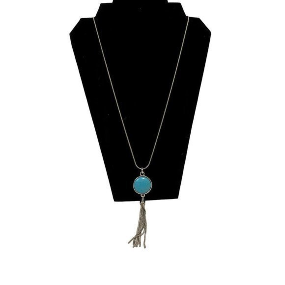 Long Silver Tone Snake Chain‎ Necklace with Faux Turquoise Medallion and Tassel